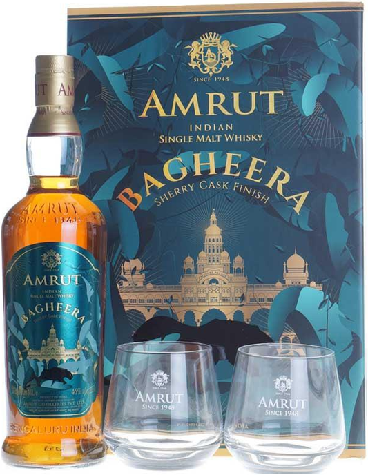 Amrut Whiskey Bagheera Indian Single Malt Whisky & Glasses Pack 700ml
