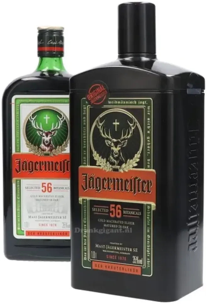 Jagermeister Herbal Liqueur & Black Gift Tin 1L-Spirits-Jagermeister-[afterpay_alcohol_delivery]-[buy_spirits_online]-[buy_wine_online]-Barrel & Batch