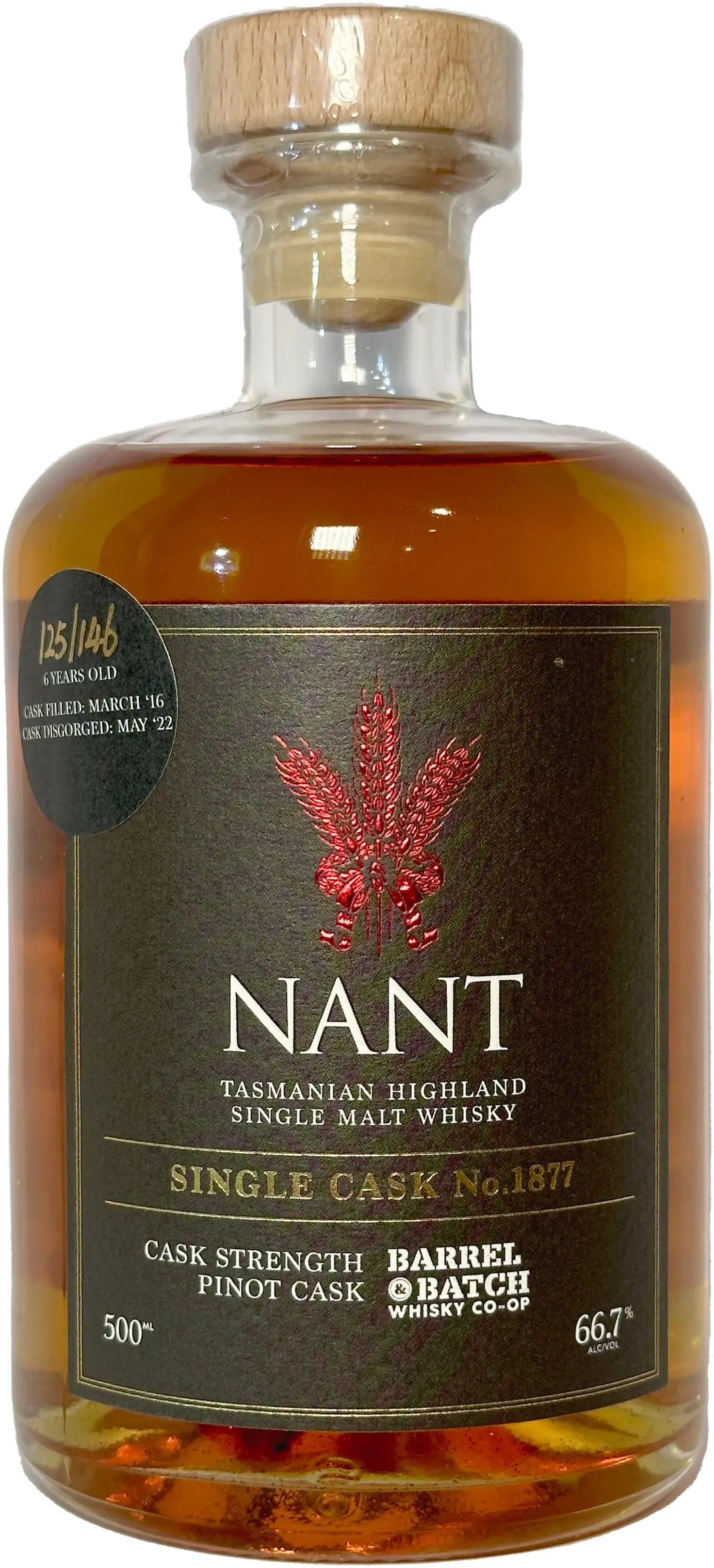 Nant 6 Year Old Cask Strength Pinot Noir Single Cask 1877 Single Malt Whisky 500ml-Spirits-Nant-[afterpay_alcohol_delivery]-[buy_spirits_online]-[buy_wine_online]-Barrel & Batch